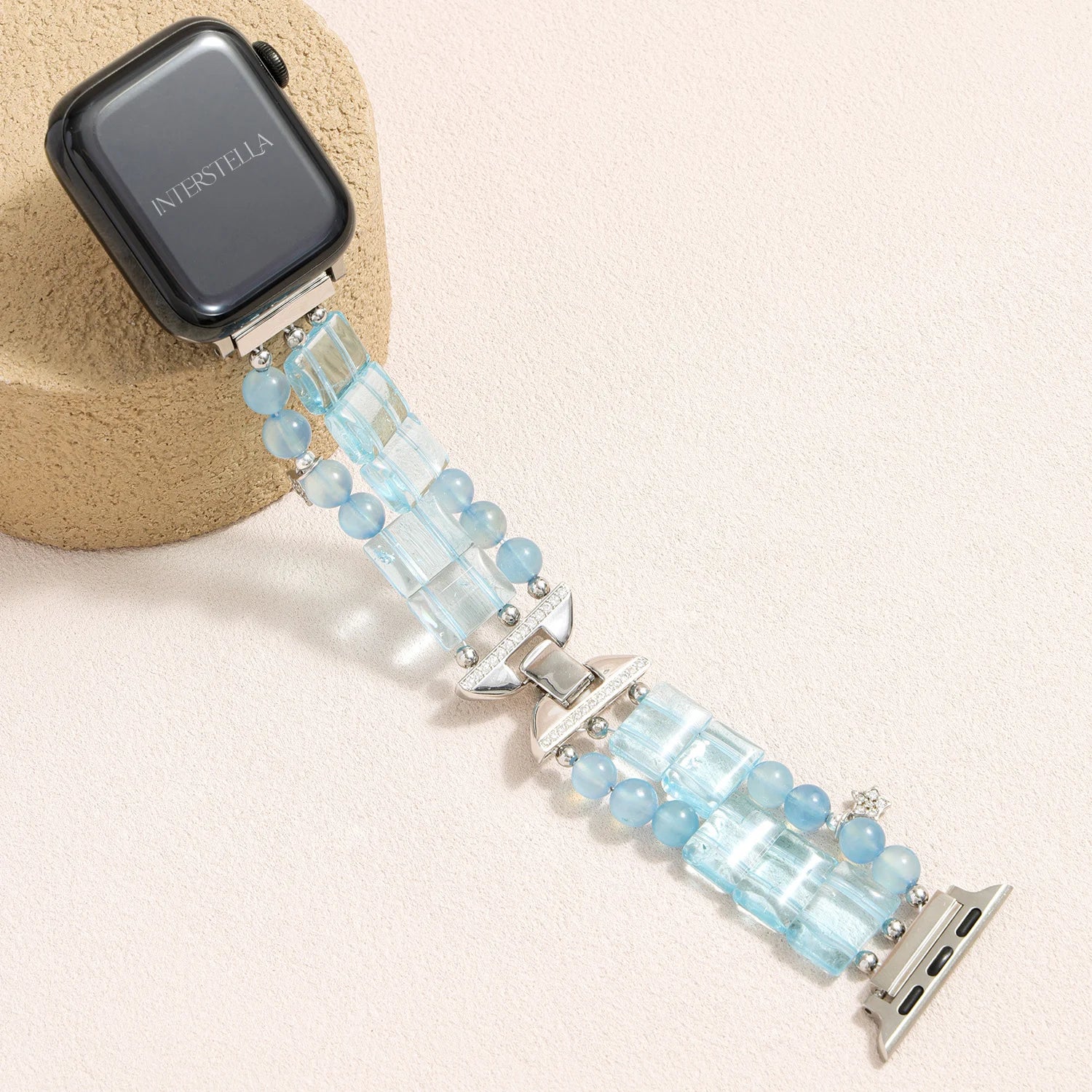 Aquamarine and topaz gemstone Apple Watch band with Swarovski crystal clasp and silver-tone metal details