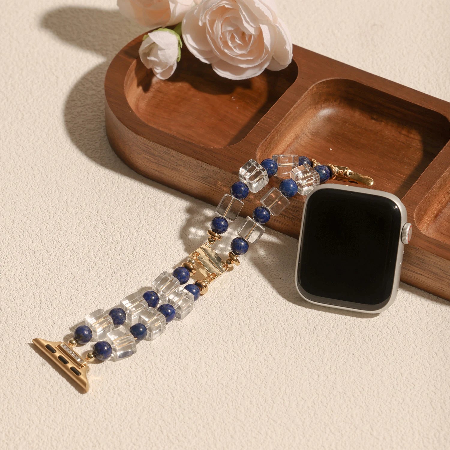 Handmade Lapis Lazuli & Clear Quartz Double-Strand Apple Watch Band – Interstella