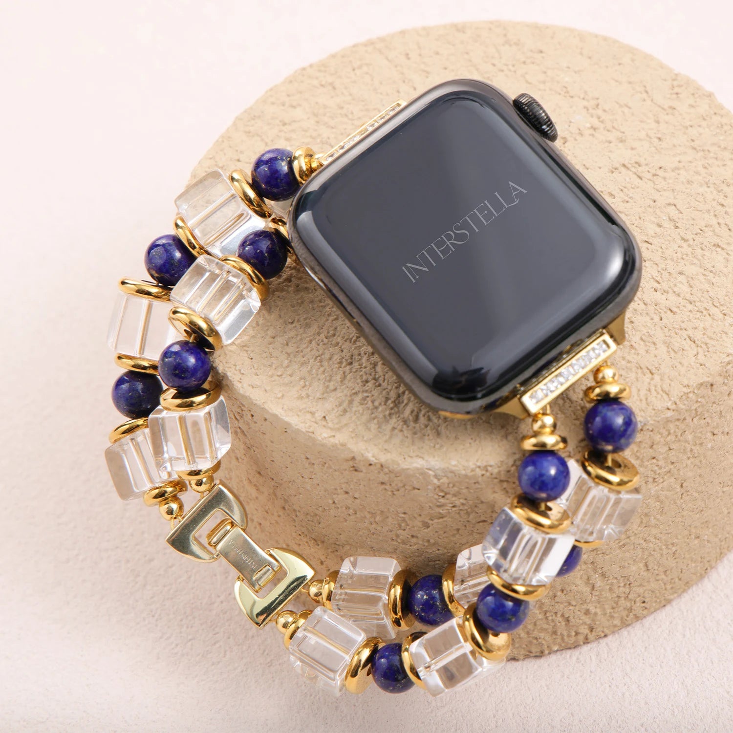 Athenia Duo – Correa para Apple Watch hecha a mano de doble hebra con lapislázuli y cuarzo claro