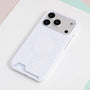 Full view of the porcelain white polka dot card phone case with delicate dotted pattern and integrated card slot.
