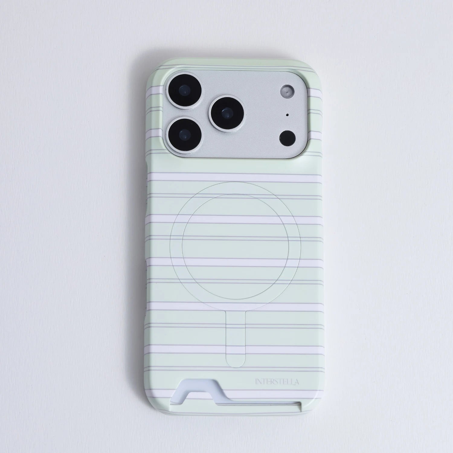 Front view of mint striped hard-shell phone case with built-in card slot design