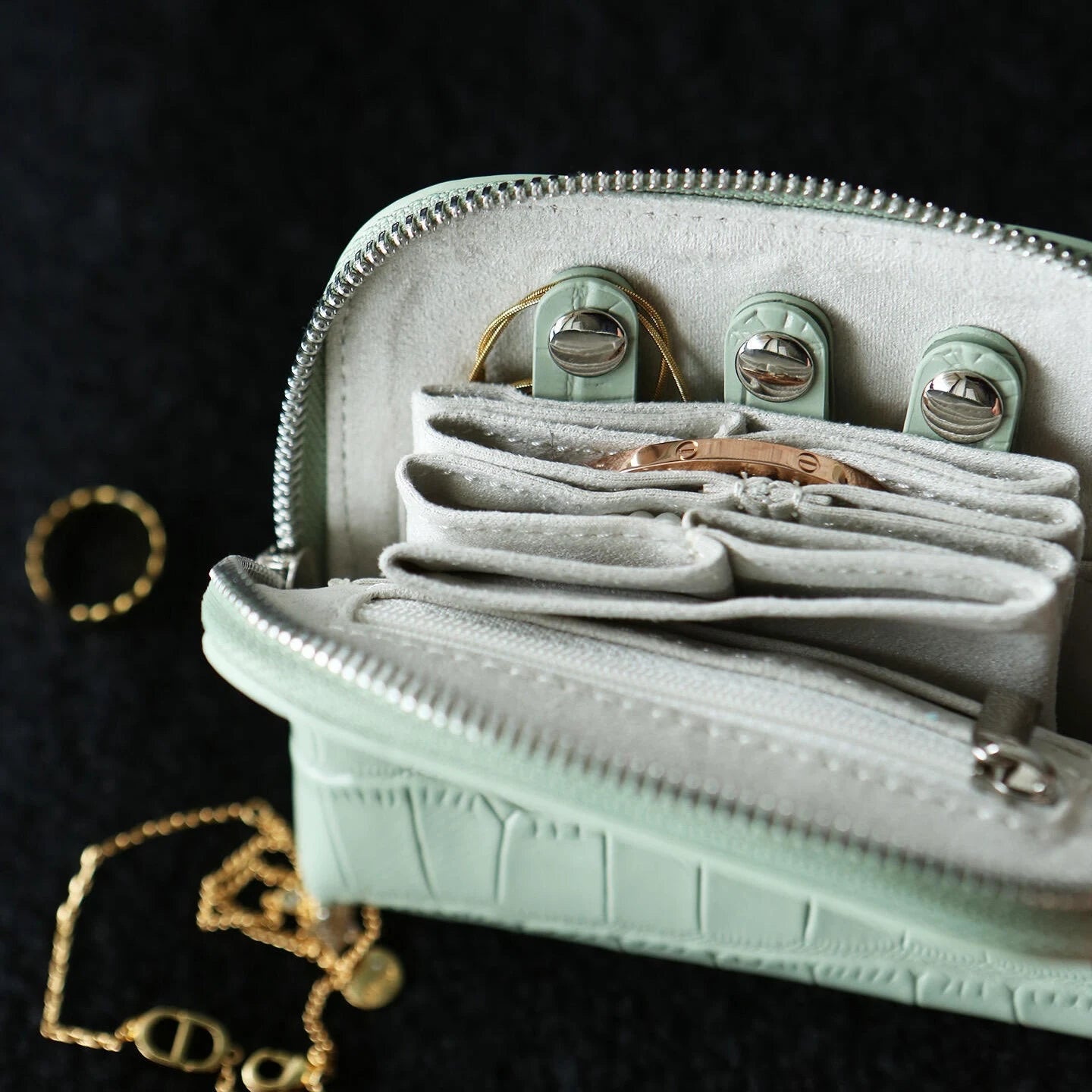 Aurelia Reliquary – Croc-Embossed Leather Jewelry Bag