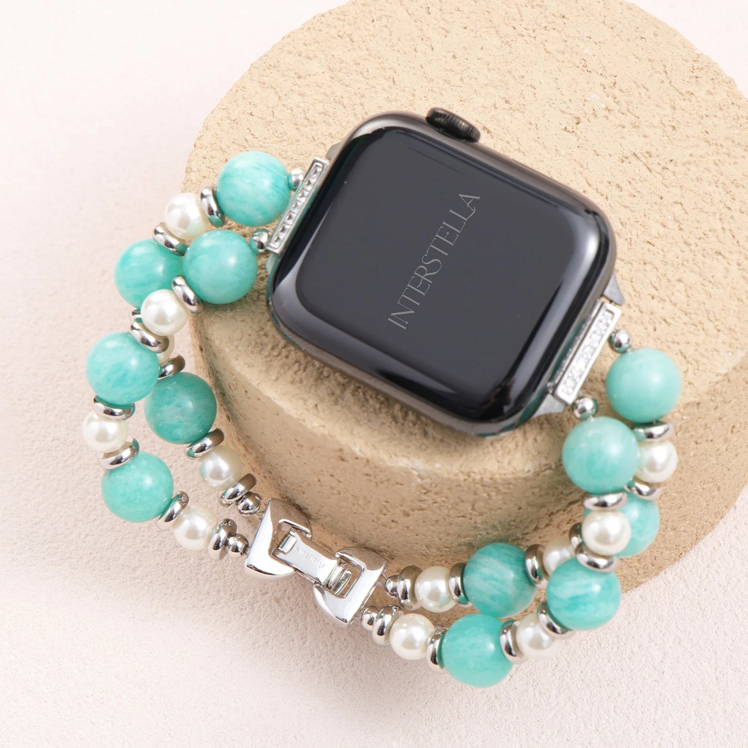 Odette – Cinturino per Apple Watch fatto a mano a doppio filo in Amazzonite e Perle Swarovski