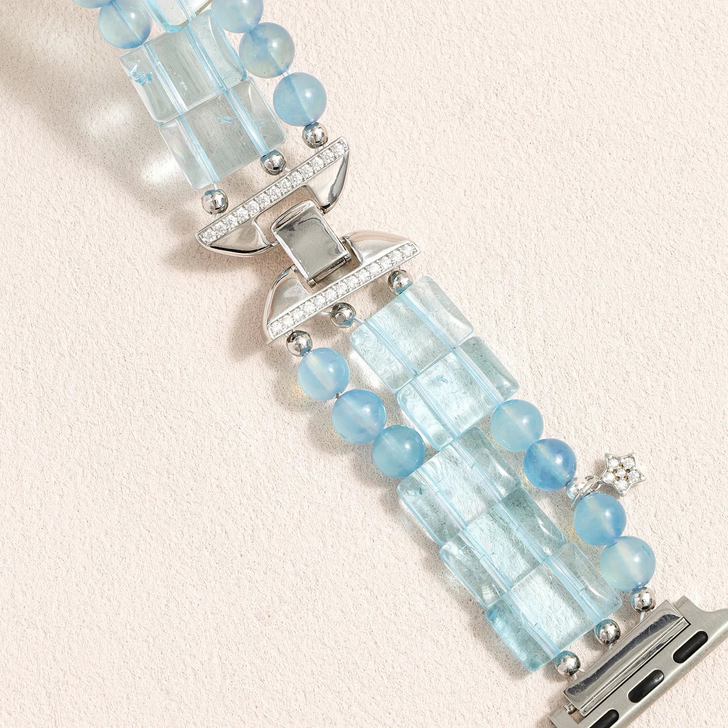 Aquamarine and topaz gemstone Apple Watch band with Swarovski crystal clasp and silver-tone metal details