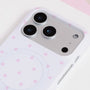 Close-up of the white starfall phone case camera area with soft pink star print and smooth PC finish.