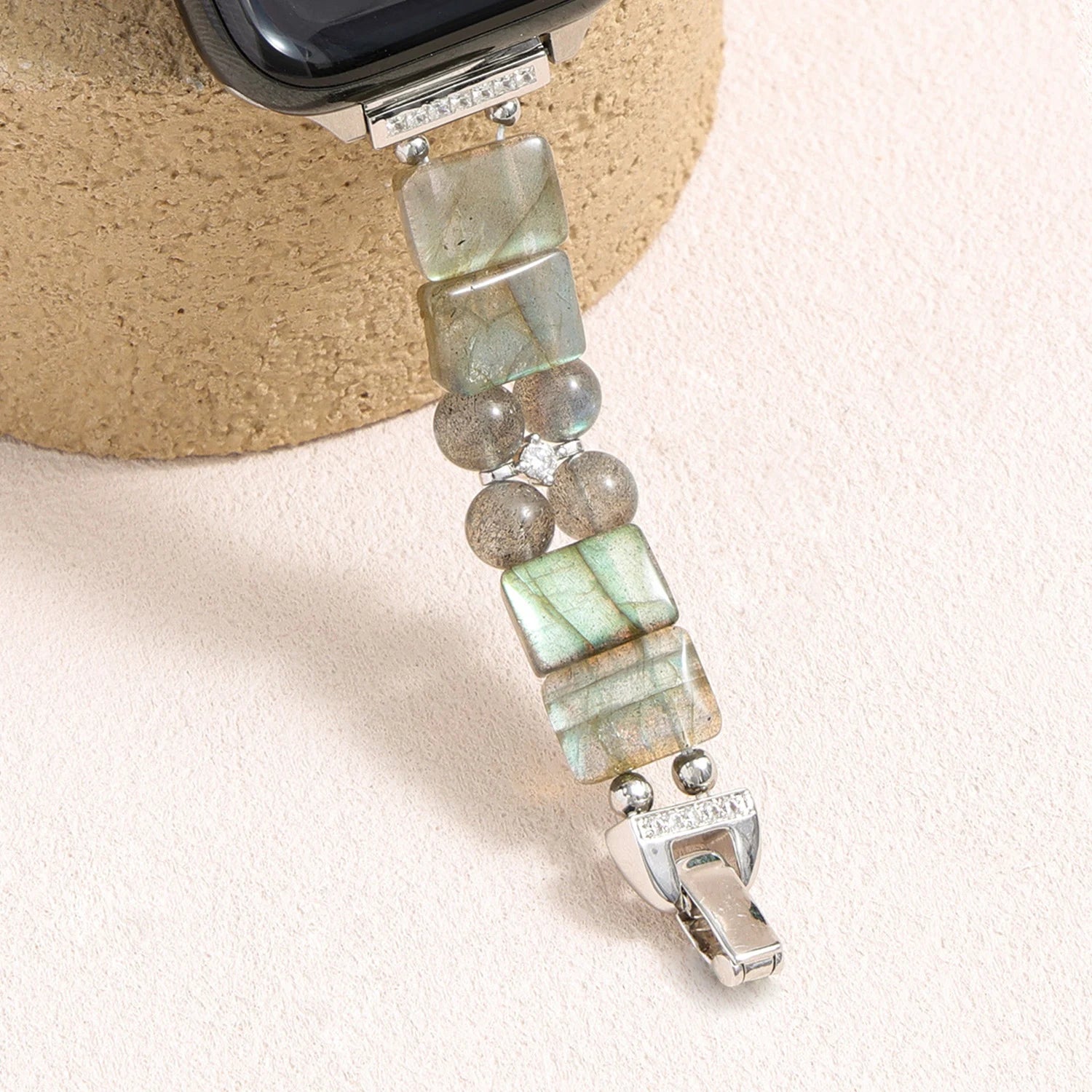 Grey moonstone gemstone Apple Watch band with elongated crystals and Swarovski crystal clasp