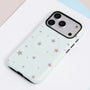 Mint star print phone case with matching star-shaped grip, featuring a frosted hard-shell exterior and soft silicone inner construction.