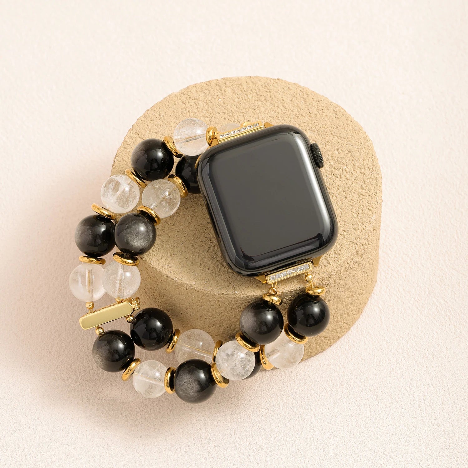 Silver obsidian and snow phantom quartz double-strand Apple Watch band, handcrafted crystal bracelet style watch band