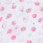 Detailed print view of a white phone case with miniature strawberries, ribbon bows, hearts, stars, and soft glitter-like scattered patterning.