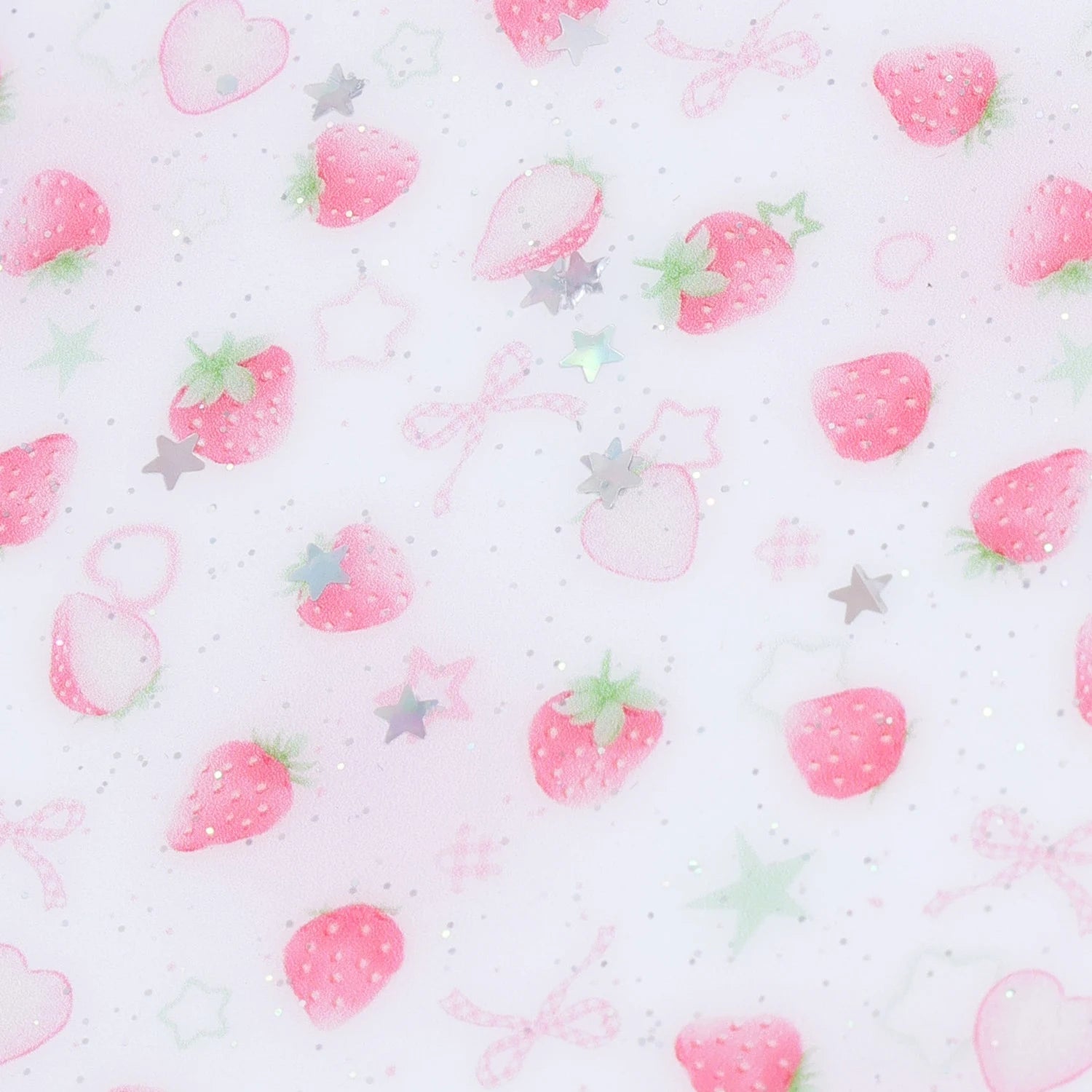 Detailed print view of a white phone case with miniature strawberries, ribbon bows, hearts, stars, and soft glitter-like scattered patterning.