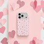 Blush pink matte star phone case with silver star print on a pink heart backdrop