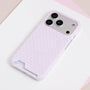 Full view of the blush pink polka dot card phone case with pastel finish and clean structured silhouette.