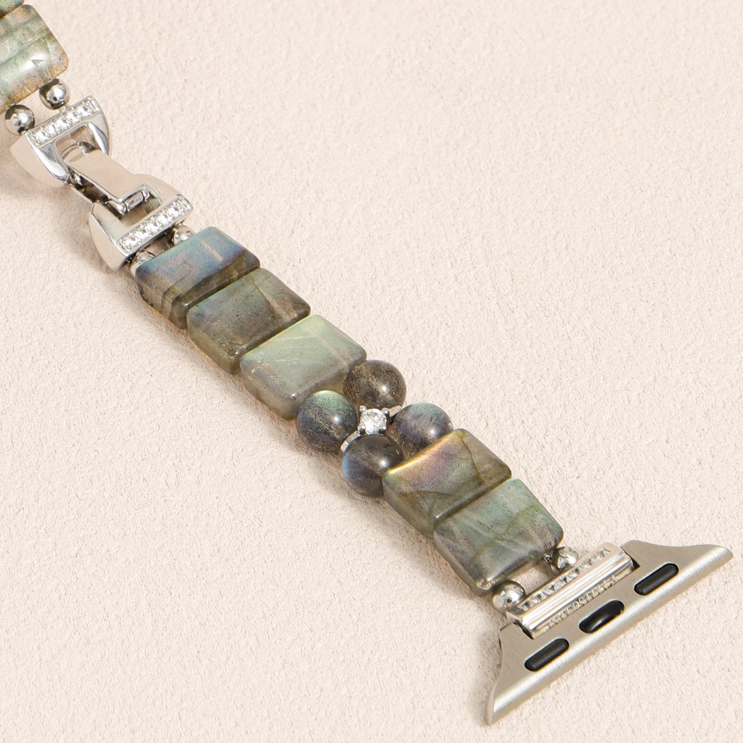 Grey moonstone gemstone Apple Watch band with elongated crystals and Swarovski crystal clasp