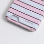 Close-up of Interstella pink striped card slot phone case showing bottom card opening and logo detail