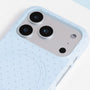 Close-up of the powder blue polka dot phone case camera area, showing the soft pastel tone and precise cutouts.