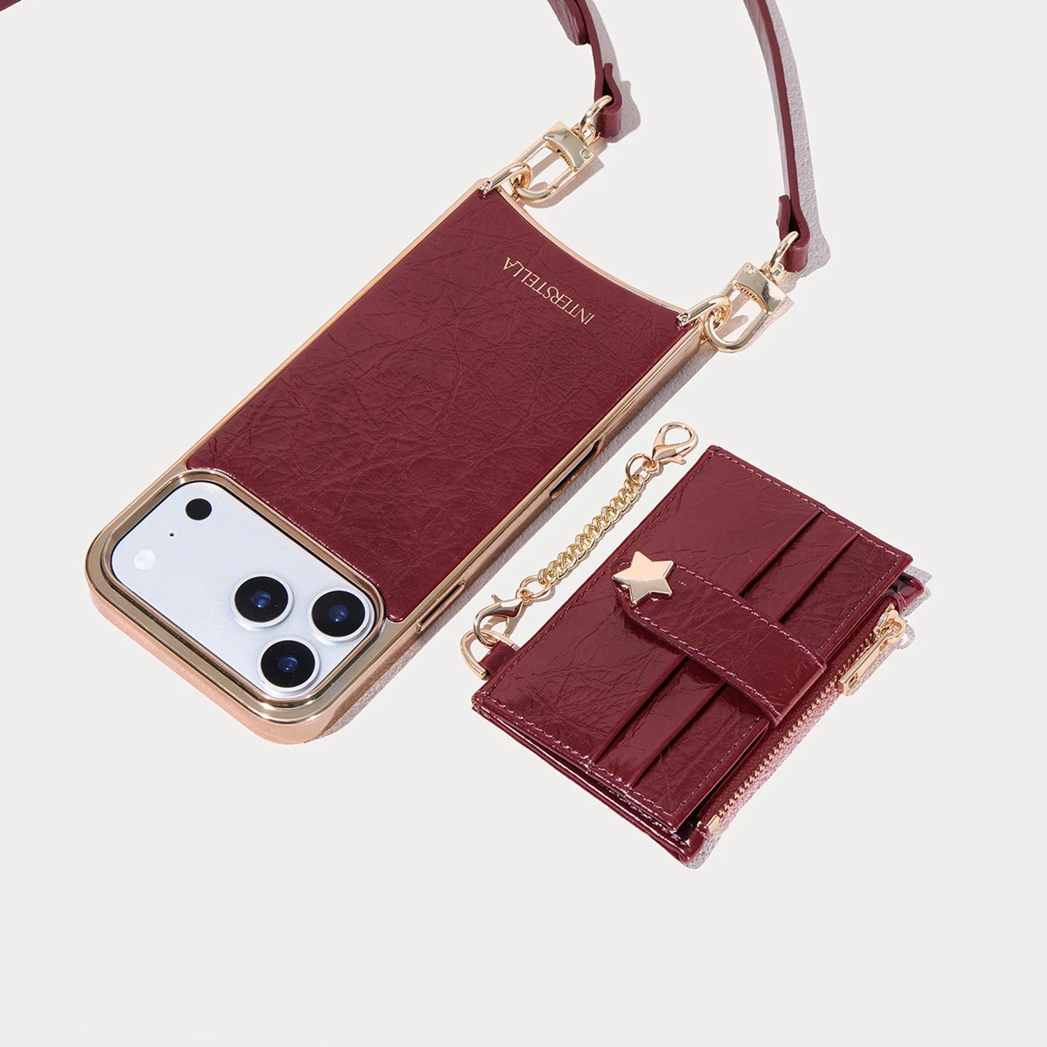 Convertible TPU iPhone case with PU leather crossbody strap and detachable card wallet