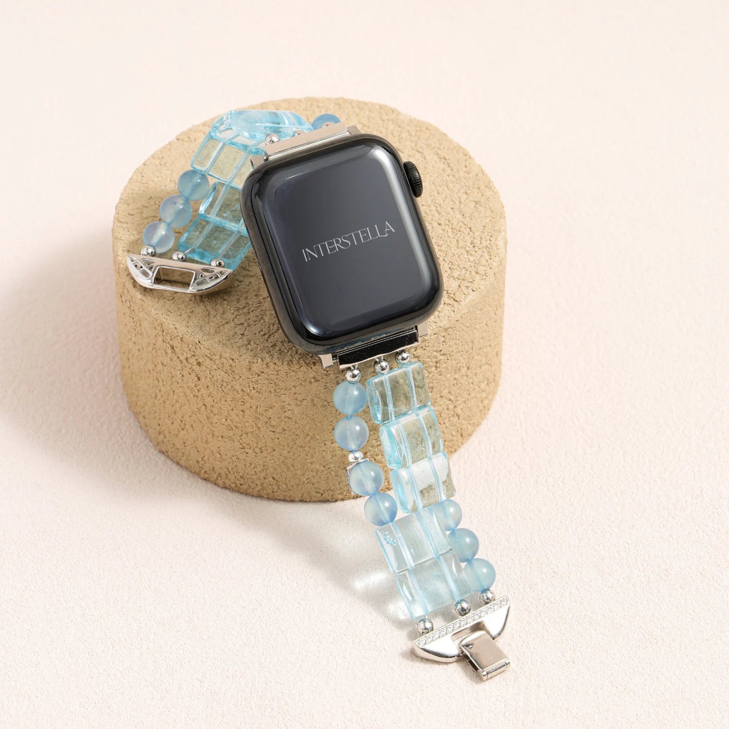 Aquamarine and topaz gemstone Apple Watch band with Swarovski crystal clasp and silver-tone metal details