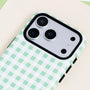 Close-up of the Mint gingham phone case showing the pastel green check pattern, smooth film hard shell finish, and black raised camera edge.