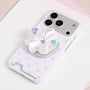 White jewel rosette phone grip stand attached to a white phone case with soft pink star print.