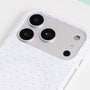 Close-up of the porcelain white polka dot phone case camera section with subtle dot pattern and clean PC finish.