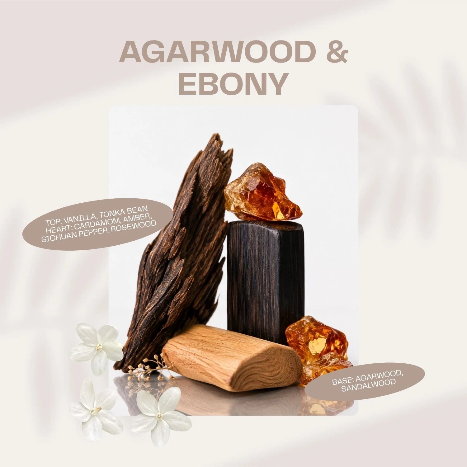 Agarwood and Ebony fragrance tablet scent notes with vanilla, cardamom, amber, agarwood, and sandalwood