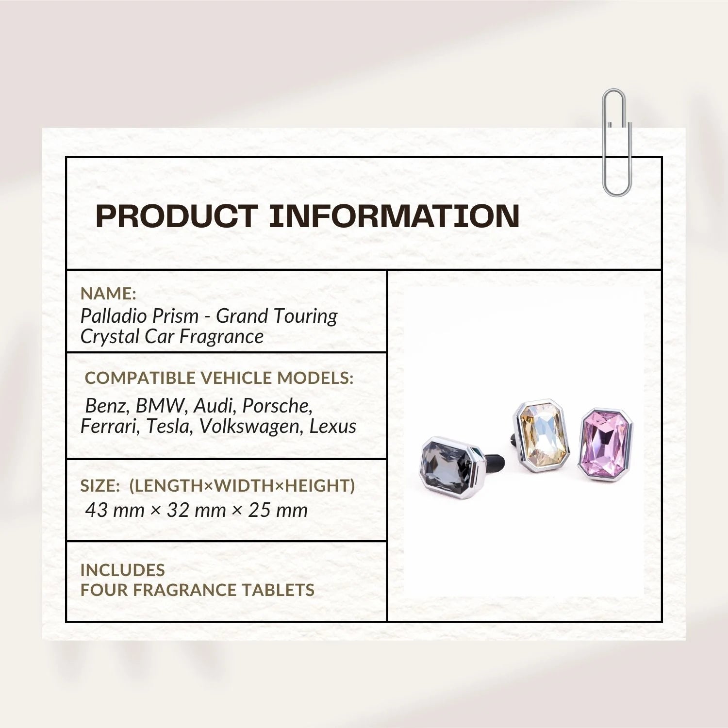 Palladio Prism - Grand Touring Crystal Car Fragrance (4 scents of tablets included)