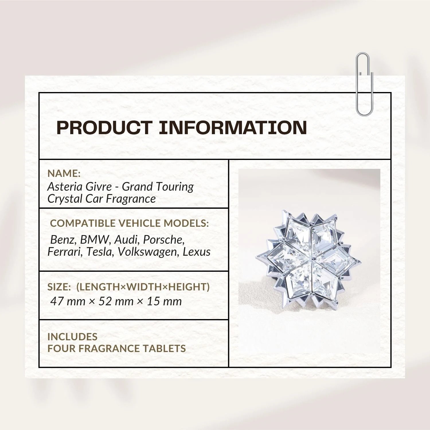 Asteria Givre - Grand Touring Crystal Car Fragrance (4 scents of tablets included)