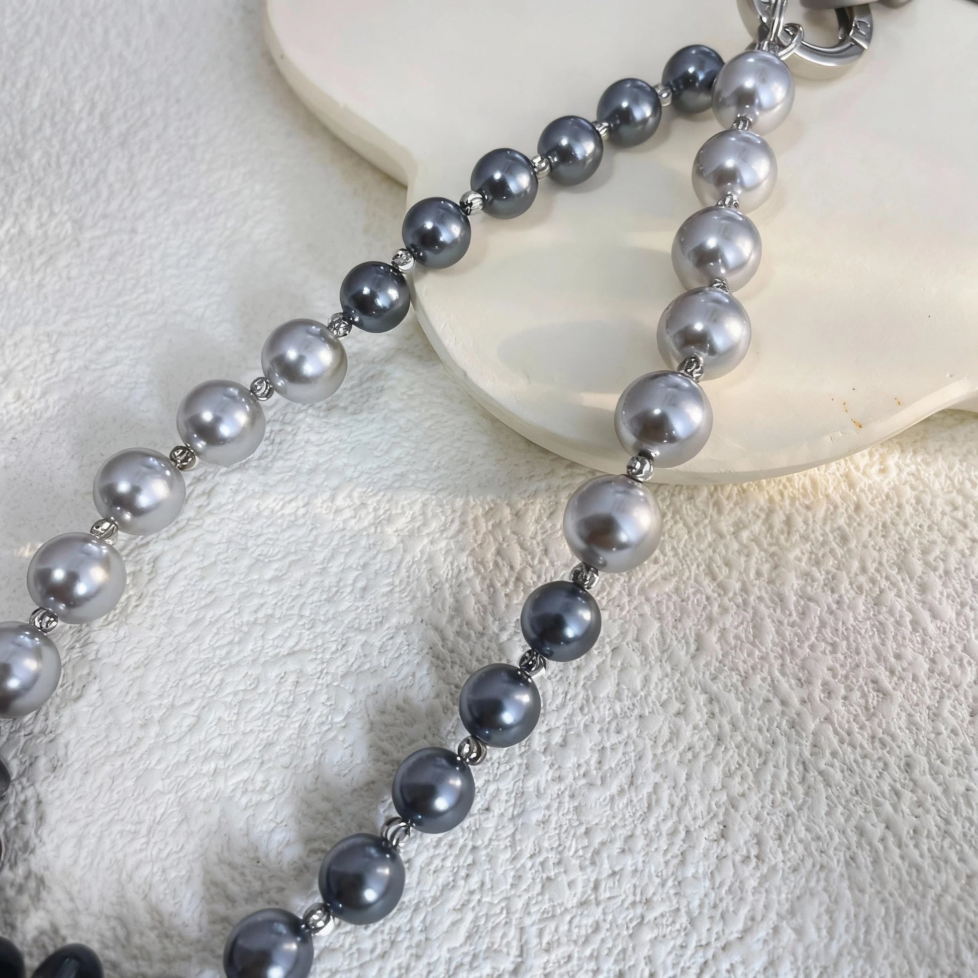 Black pearl and silver phone strap with mixed natural stones and detachable bracelet design