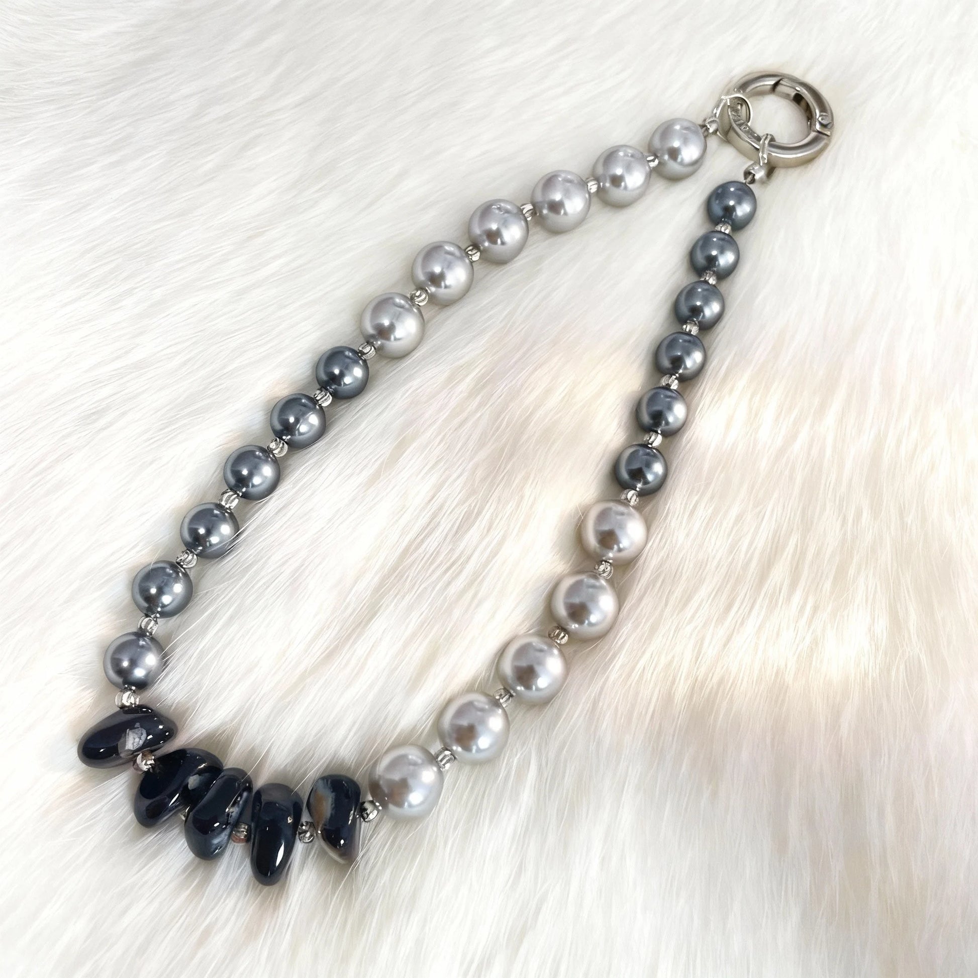 Black pearl and silver phone strap with mixed natural stones