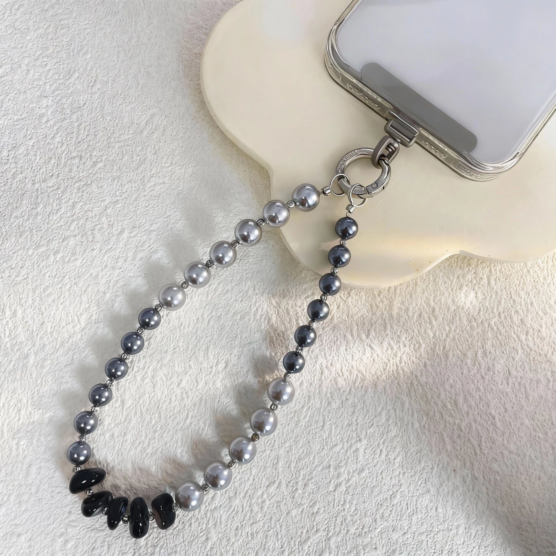 Black pearl and silver phone strap with mixed natural stones and detachable bracelet design