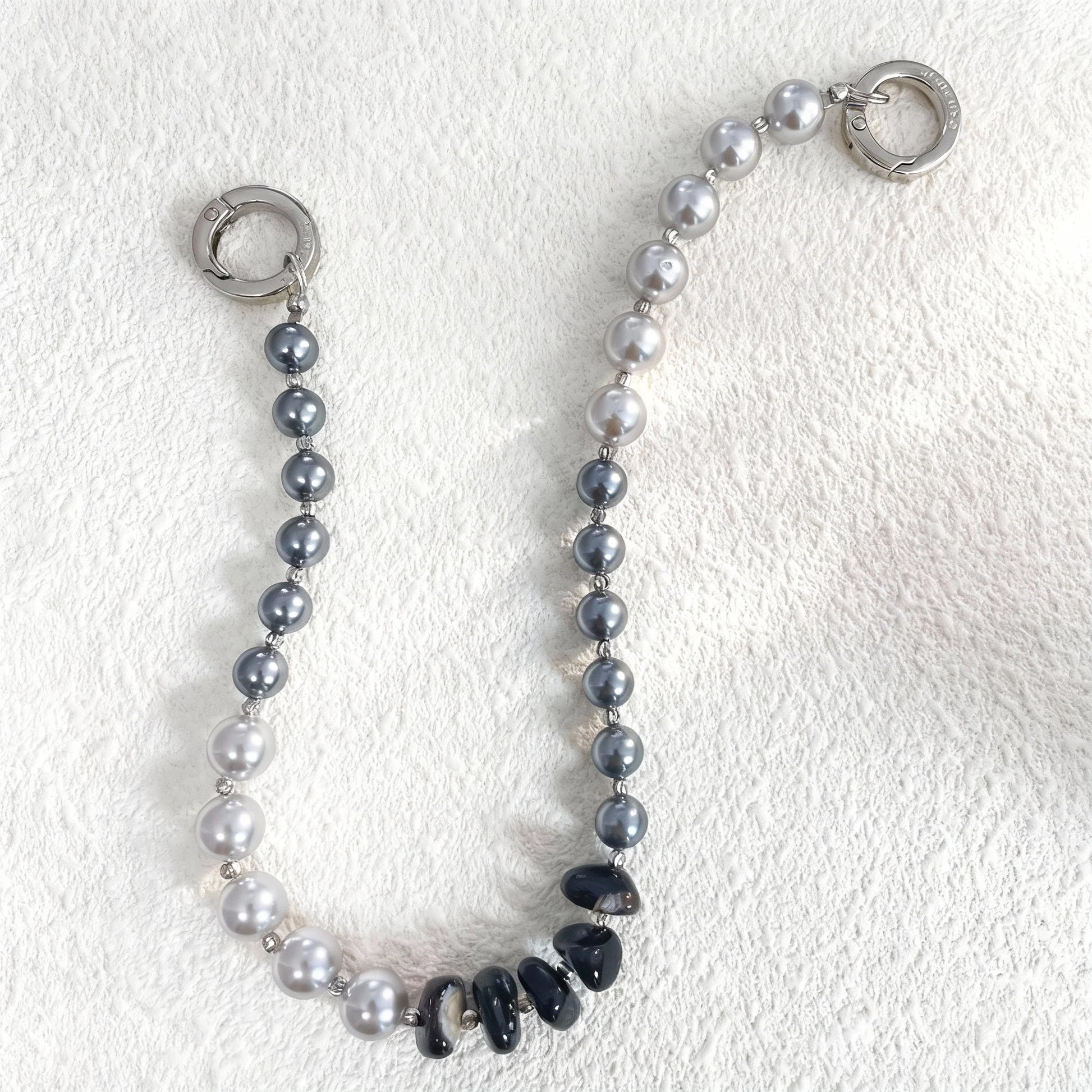 Black pearl and silver phone strap with mixed natural stones