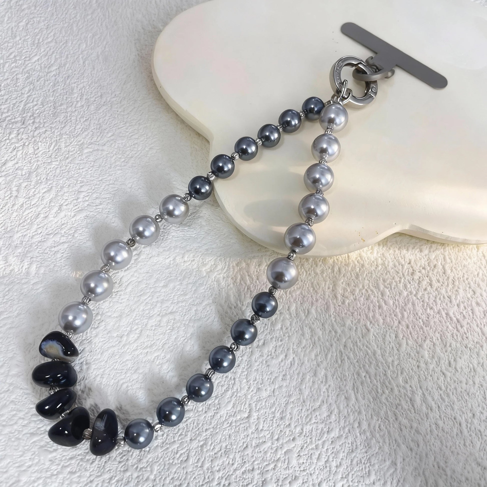 Black pearl and silver phone strap with mixed natural stones and detachable bracelet design